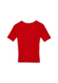 Rotes kurzärmliges Rippstrickoberteil mit Rundhalsausschnitt, flach gegen einen weißen Hintergrund präsentiert.