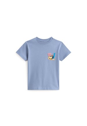 Helles blaues Baumwoll-T-Shirt mit kurzen Ärmeln, das einen grafischen Aufdruck auf der linken Brust mit „Vans“ und Cartoonfiguren zeigt.
