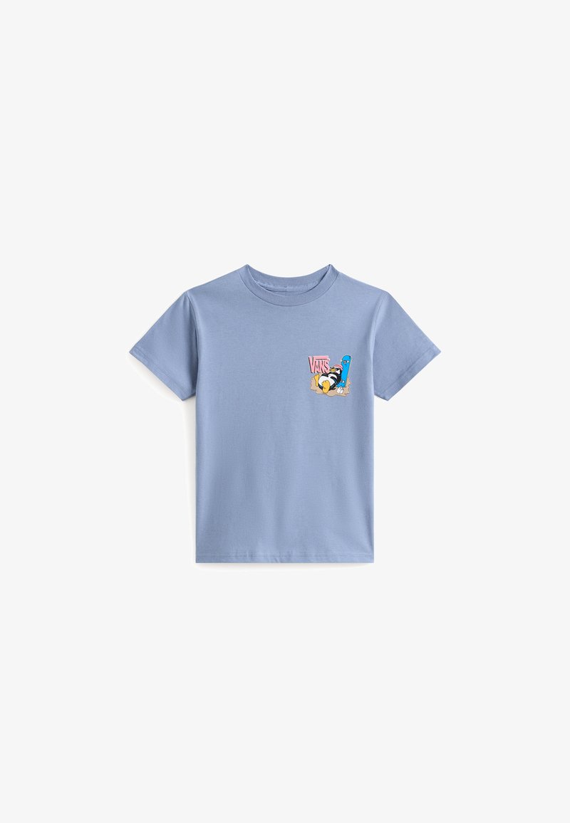 T-shirt en coton bleu clair à manches courtes, avec un imprimé graphique sur la poitrine gauche représentant "Vans" et des personnages de bande dessinée.
