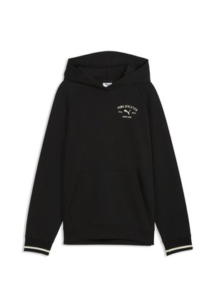 Zwarte Puma hoodie met voorvak, wit merklogo en tekst op de linkerborst, en gestreepte manchetten aan de mouwen.