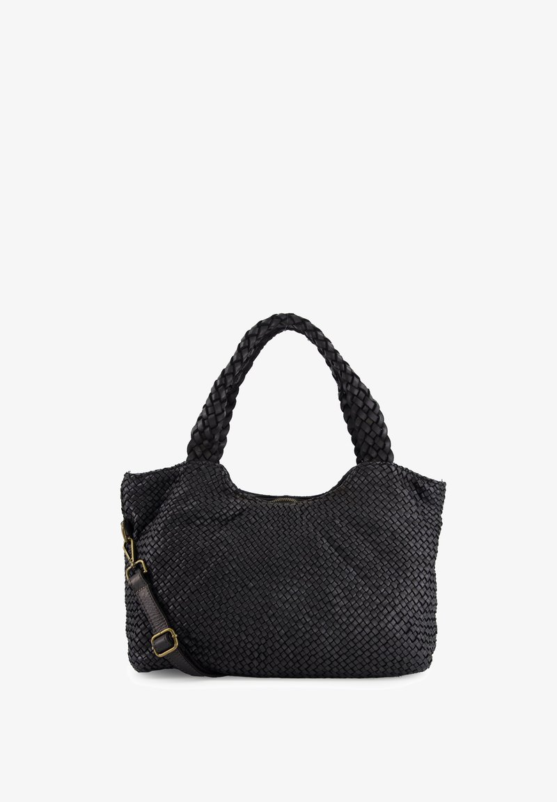 Black woven handbag featuring braided handles, a zip closure, and a smooth texture. Adjustable strap with gold-tone hardware accents.