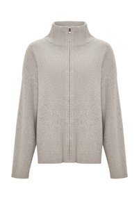 Hellgrauer, gerippter Pullover mit hohem Kragen und Reißverschluss vorne. Verfügt über weite Ärmel und eine legere Passform, hergestellt aus einem weichen, strukturierten Stoff.