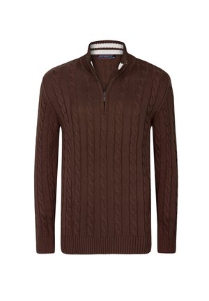 Pull en maille torsadée marron à manches longues et col à demi-zip avec doublure intérieure rayée blanche et marron.