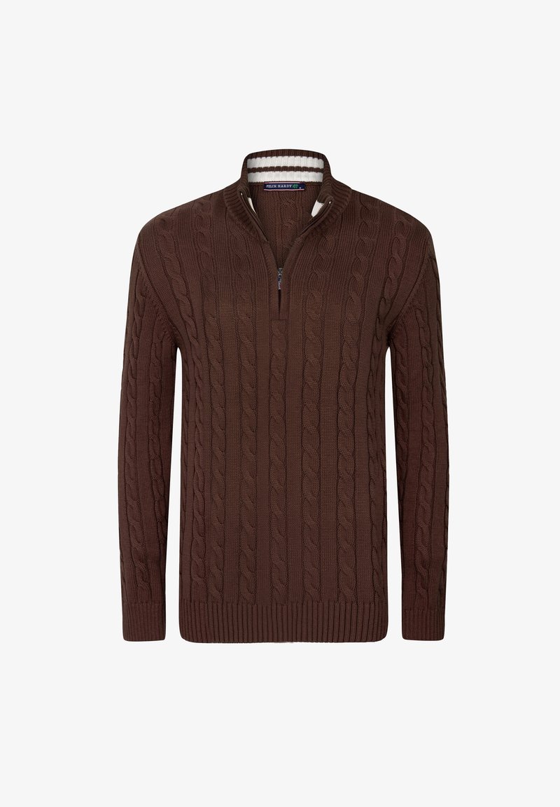 Pull en maille torsadée marron à manches longues et col à demi-zip avec doublure intérieure rayée blanche et marron.