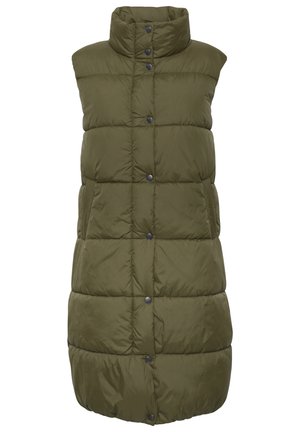Olivově zelená péřová vesta s vysokým límcem, druky a prošívaným designem. Bez rukávů a střední délky s hladkou texturou.