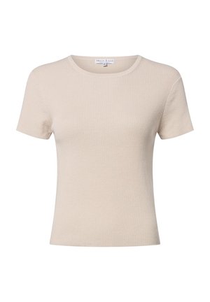 Beige geripptes kurzärmliges T-Shirt mit rundem Ausschnitt, weicher Textur, figurbetontem Design und ohne sichtbare Muster oder Akzente.