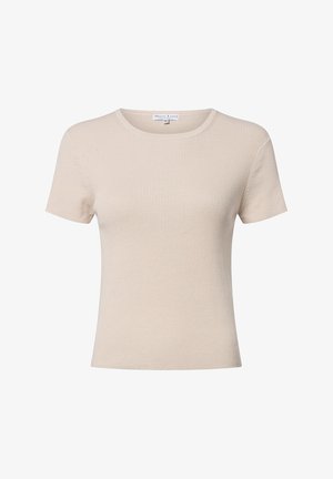 Beige ribbel T-shirt met korte mouwen en een ronde hals, zachte textuur, aansluitend design en zonder zichtbare patronen of accenten.