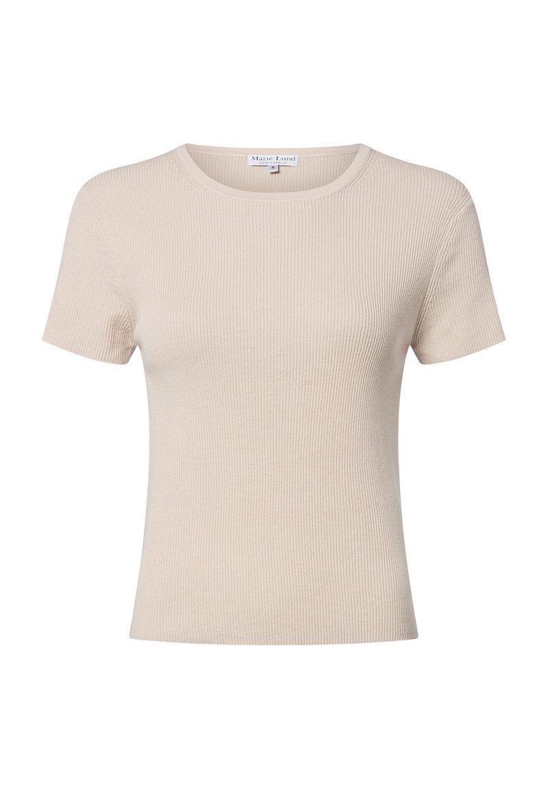 T-shirt beige a maniche corte con scollo rotondo, texture morbida, design aderente e senza motivi o dettagli visibili.