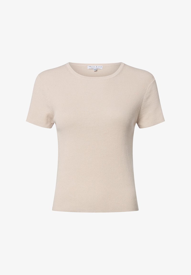 Beige ribbed short-sleeve t-shirt with a round neckline, soft texture, fitted design, and no visible patterns or accents.