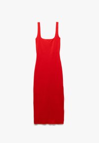 Robe midi rouge côtelée avec un décolleté carré, des fines bretelles et une silhouette ajustée, réalisée en un matériau tricoté extensible.
