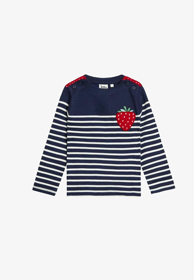 Langärmliges navyblaues Oberteil mit weißen horizontalen Streifen, ausgestattet mit einer roten Erdbeerapplikation auf der Brust und roten Knopfdetails an der Schulter.