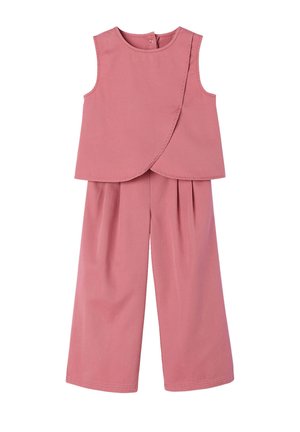 Sleeveless dusty pink top with asymmetrical front flap and matching wide-leg pants, set on white background.