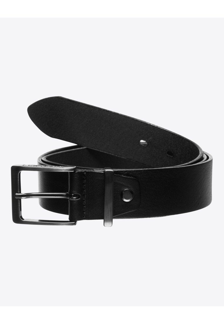 Black leather belt with a rectangular silver-tone metal buckle. Smooth texture, adjustable length with multiple holes for fitting.