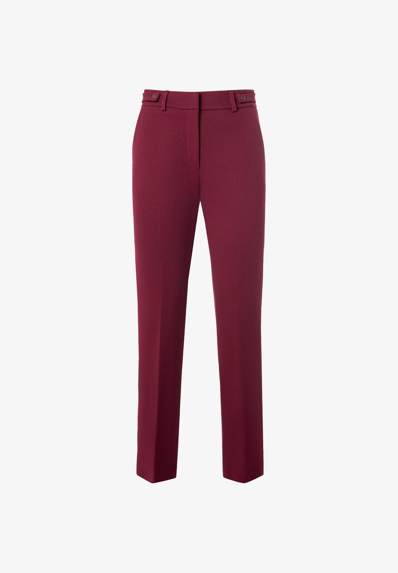 Pantalons ajustés bordeaux avec une coupe droite, confectionnés dans un tissu lisse. Dotés d'une braguette zippée et de fermetures à bouton. Texture unie, détails minimalistes.