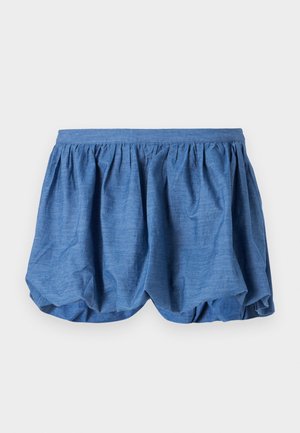 Blue, lightweight shorts with a gathered elastic waistband and a billowy, textured design. Features a soft, fabric finish with a relaxed fit.