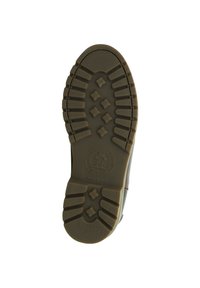 Suola in gomma con scanalature profonde, che presenta un logo circolare. Colore marrone con dettagli testurizzati e una piccola taglia impressa (48).