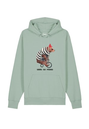 Hellgrüner Kapuzenpullover mit einem Bären, der einen roten Hut und ein gestreiftes Hemd trägt und ein kleines Fahrrad fährt, mit dem Text "Tour de Franz" auf der Vorderseite.