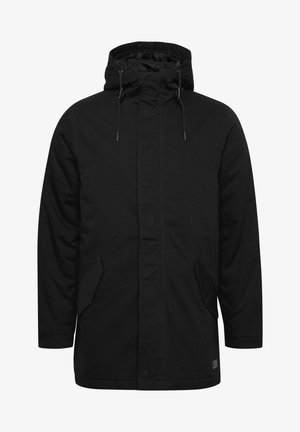 Veste noire à capuche avec fermeture éclair à l'avant, deux poches latérales et cordon de serrage à la capuche. Fabriquée dans un tissu souple et durable, avec un ourlet droit.