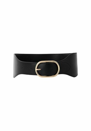 Large ceinture en cuir noir avec des bords incurvés et une boucle ovale en métal doré au centre.