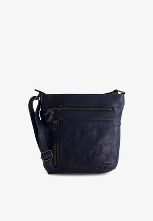 Navyblå læder crossbody taske med justerbar rem, frontlynlåslomme og top lynlåslukning på hvid baggrund.