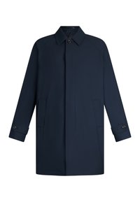 Cappotto blu navy con taglio dritto, chiusura a bottoni e due tasche laterali. Presenta un colletto classico e maniche con risvolto. Tessuto dalla texture liscia.