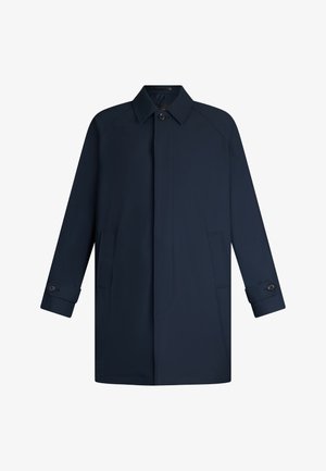 Tumed sinine mantel sirge lõikega, nööp kinnitusega ja kahe küljetaskuga. Omab klassikalist kraed ja manšette. Sile kangast tekstuur.