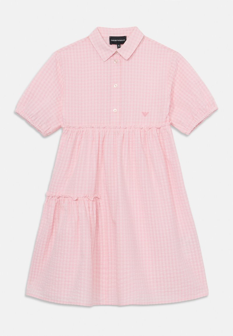 Pink gingham dress with a button-down collar, short sleeves, and a gathered waist. Features a small logo on the chest and ruffled hem detail.