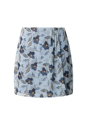 Lichtblauwe minirok met donkerblauwe en oranje bloemenprint en zachte geplooide details aan één zijde.
