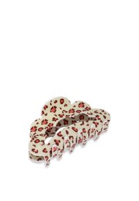 Clips per capelli in stampa leopardata realizzati in plastica, con base crema e macchie rosse e marroni, design ondulato e multiple dentature per una presa sicura.