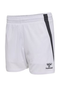 Weiße Sportshorts aus leichtem Material, mit schwarzem Seitenstreifen und dem Hummel-Logo auf der unteren Vorderseite.