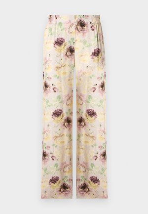 Pantalon ample avec taille élastique et motif floral pastel comprenant des nuances de rose, jaune et vert sur un fond clair.
