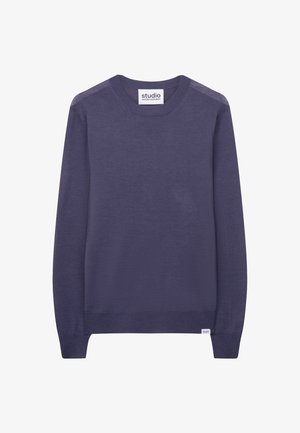 Ung mand med tilbagelænet hår, iført en lilla crewneck-sweater og sorte plisserede bukser, hænderne i lommerne, neutralt baggrund.