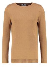 Sweter z długim rękawem w jasnobrązowym kolorze, z okrągłym dekoltem i prążkowaną fakturą. Wykonany z miękkiego dzianinowego materiału.