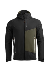 Black and olive green jacket with a zippered front, adjustable hood, and contrasting side zippers. Made of soft, durable material.