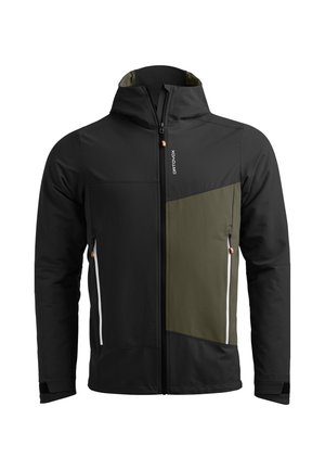 Black and olive green jacket with a zippered front, adjustable hood, and contrasting side zippers. Made of soft, durable material.