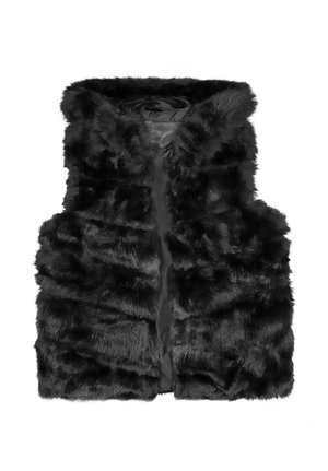 Gilet in finta pelliccia nera con cappuccio, texture soffice e apertura frontale senza chiusure. Progettato con una fodera interna trapuntata.