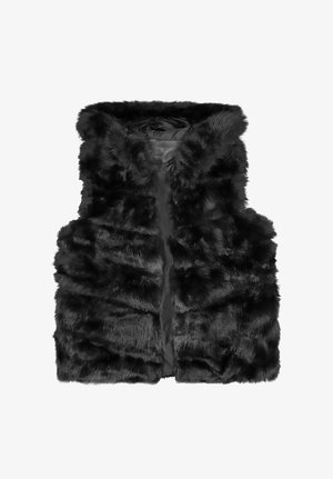 Gilet in finta pelliccia nera con cappuccio, texture soffice e apertura frontale senza chiusure. Progettato con una fodera interna trapuntata.