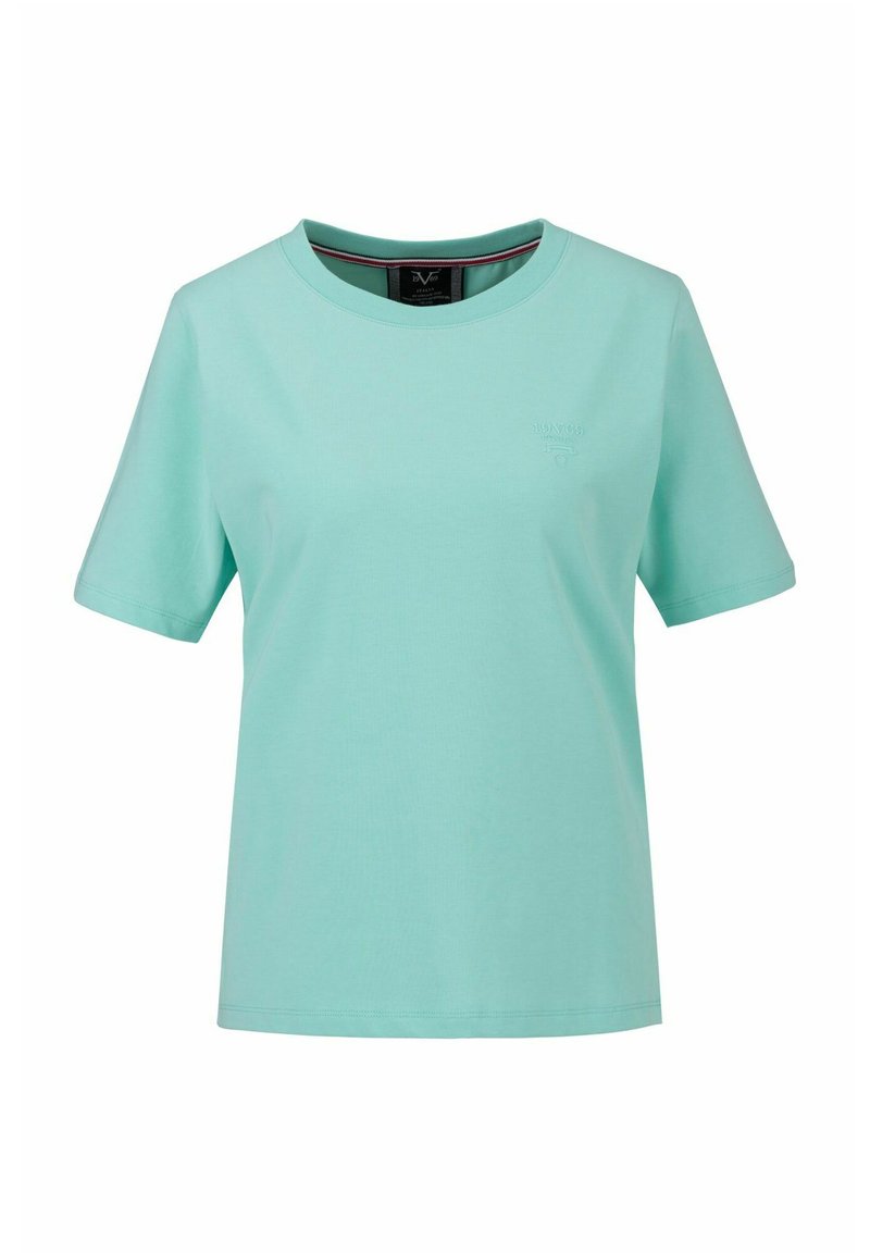 Mintgroene katoenen T-shirt met korte mouwen, een ronde hals en een subtiele logo op de linkerborst. Glad textuur en een relaxte pasvorm.