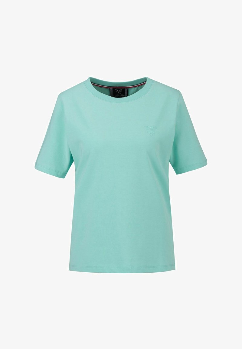 Mintgroene katoenen T-shirt met korte mouwen, een ronde hals en een subtiele logo op de linkerborst. Glad textuur en een relaxte pasvorm.