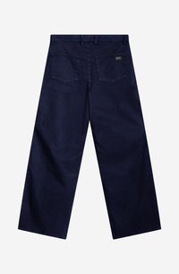 Pantalons à jambes larges bleu marine en coton, dotés de deux poches arrière, d'une coupe droite et de peu de détails sur la ceinture.