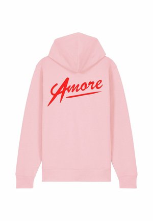 Felpa rosa con una grande grafica rossa "Amore" sul retro. Presenta un cappuccio e maniche lunghe, realizzata in un tessuto morbido e testurizzato.