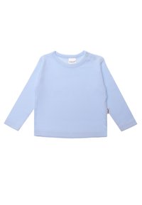 Light blue long-sleeve shirt made of soft fabric, featuring a round neckline and snap fasteners at the shoulder for easy dressing.