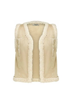 Gilet beige avec une doublure en fourrure, à l'avant ouvert et sans manches. Texture douce, bords finement découpés et design minimaliste sans fermetures.