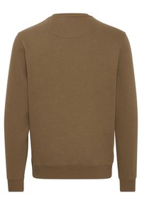 Sudadera de algodón marrón con cuello redondo, mangas largas y puños y dobladillo de canalé. Textura suave y diseño minimalista.
