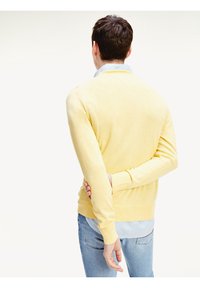 Gul strikket sweater med V-hals og ribbede manchetter, lagd over en lyseblå skjorte, parret med lyse denim jeans.
