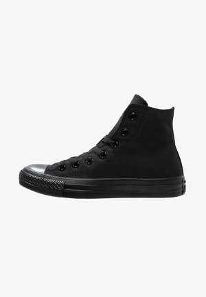 Baskets montantes en toile noire avec semelle en caoutchouc noire, bout renforcé et œillets métalliques noirs pour les lacets, présentées en profil de côté, tournées vers la gauche.