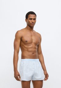 Ανοιχτό μπλε μαγιό σορτς από ύφασμα γρήγορου στεγνώματος, με ελαστική μέση και άνετη εφαρμογή. Ομαλή υφή, χωρίς ορατά σχέδια.