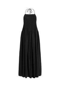 Abito maxi nero con corpino aderente e arricciato, spalline sottili e gonna fluida eGathered. Realizzato in tessuto leggero.
