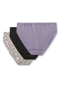 Drei Paare Damenunterwäsche: eines einfarbig in Lavendel, eines einfarbig in Schwarz und eines mit einem Muster aus Sternen auf einem cremefarbigen Hintergrund. Dehnbare Stoffe.