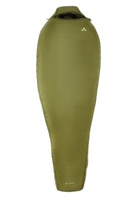 Groene slaapzak met een taps toelopende vorm, lichtgewicht stof, zachte textuur en een gedeeltelijke rits nabij de bovenkant. Logo en merknaam zichtbaar.